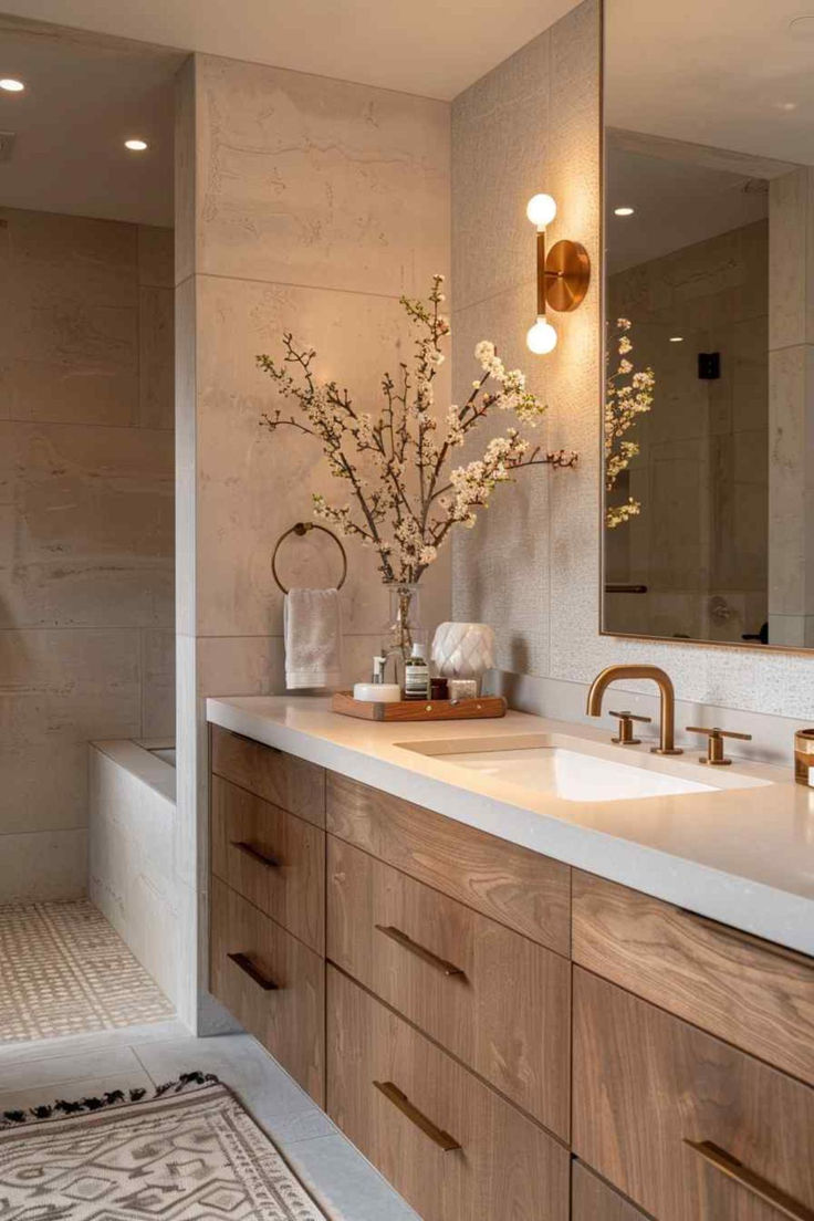 31 Harmonious Bathroom Designs: Japandi and Contemporary Fusion Bali Bathroom Ideas Master Bath, Organic Spa Bathroom Design, Gorgeous Bathrooms Modern, Brian Gluckstein Bathroom, Spa Inspired Bathroom Luxe, Organic Japanese Interior, Warm Home Aesthetic Bathroom, Master Room Bathroom Ideas, Houzz Bathroom Ideas