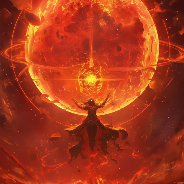 a woman standing in front of an orange and yellow sun with her arms spread out