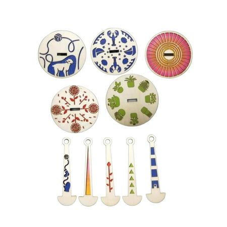 six different plates and spoons with designs on them