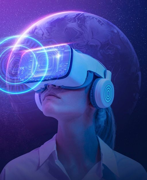 a woman with headphones on looking up at the sky while wearing a virtual reality headset