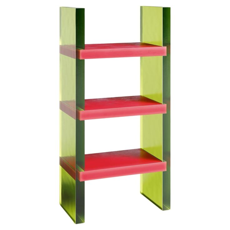 a green and pink shelf with three shelves on each side, against a white background