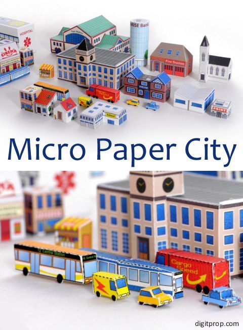 a group of paper city buildings and buses with the words micro paper city above them