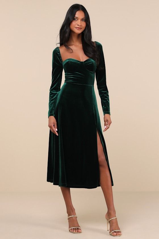 Precious Impression Emerald Green Velvet Bustier Midi Dress Midi Christmas Dress, Green Velvet Long Sleeve Dress, Cold Outdoor Wedding Outfit Guest, Green Velvet Dress Long Sleeve, Work Holiday Party Dress, Formal Winter Dress, Emerald Velvet Dress, Velvet Red Dress, Green Christmas Dress