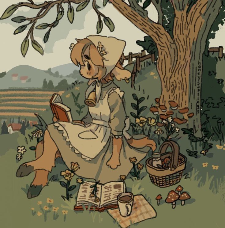 a woman sitting under a tree with a book in her hand and an open book on the ground