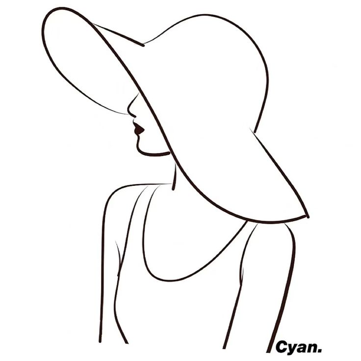 a drawing of a woman wearing a hat with the word cyan on it's side