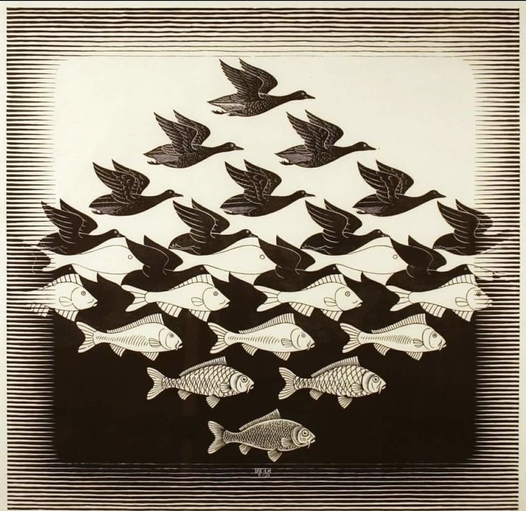 black and white drawing of birds flying in the sky over fish swimming on top of each other