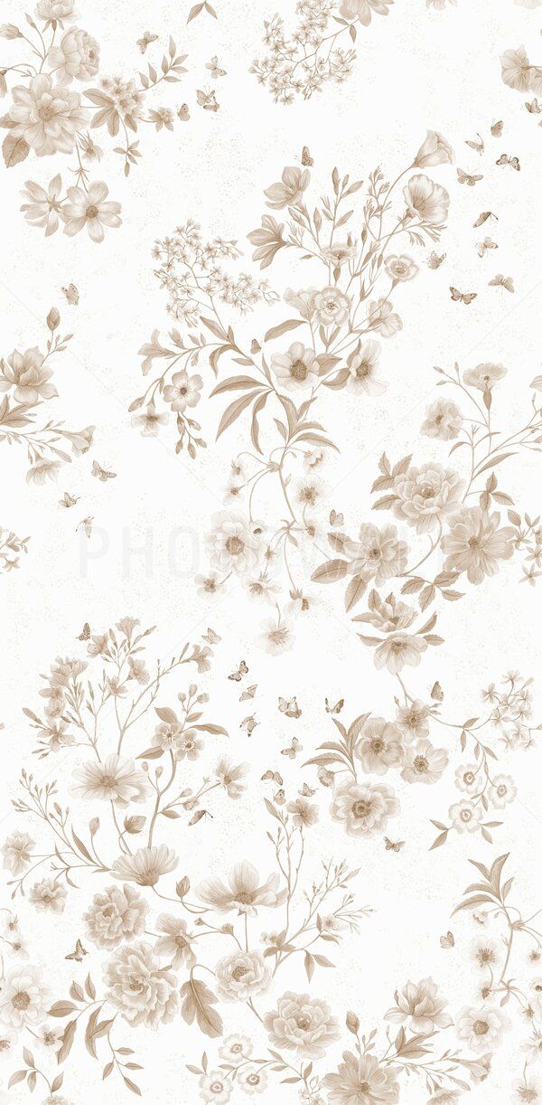 a white and brown floral wallpaper with flowers on the side, in an old fashion style