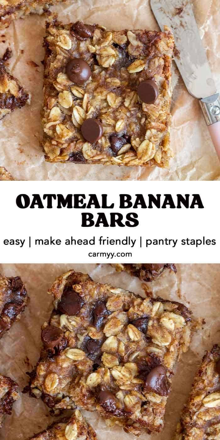 oatmeal banana bars with chocolate chips and almonds on top are shown