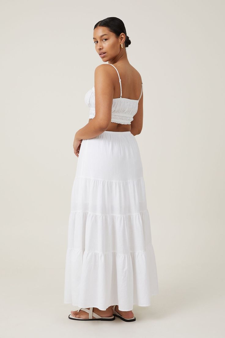 Haven Tiered Maxi SkirtCotton On Women - Haven Tiered Maxi Skirt - WhiteCotton On | Women | ClothingCotton On | Women | ClothingCotton On | Women | Clothing White Maxi Skirt With Elastic Waistband For Brunch, White Gathered Maxi Skirt For Day Out, White Tiered Maxi Skirt For Brunch, Cruise Fits, White Maxi Skirt, Skirt With Elastic Waistband, White Maxi Skirts, Tiered Midi Skirt, Size 12 Women