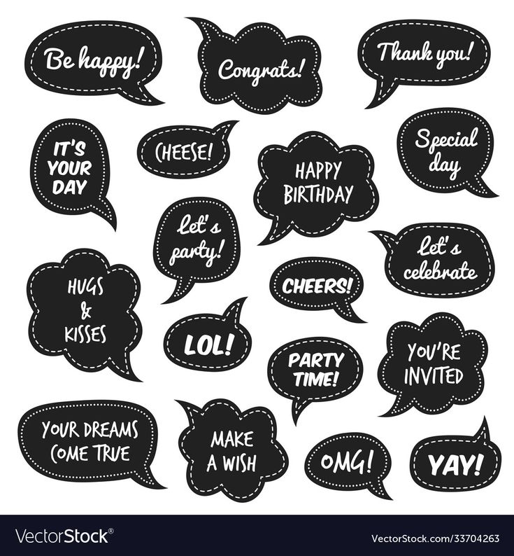 black and white speech bubbles with happy birthday