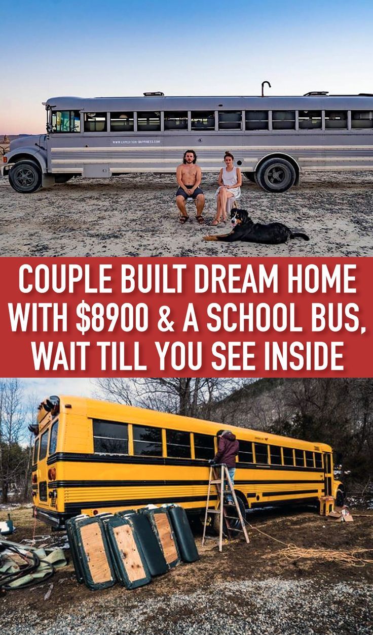 two people standing in front of a school bus with the words couple built dream home with $