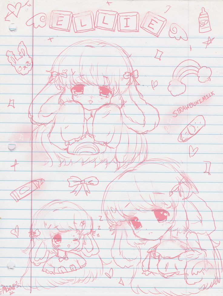 some drawings on lined paper with the words hello kitty written in red and pink ink