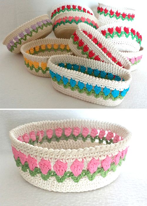 crocheted baskets with flowers and hearts are shown in three different colors, one is pink, the other is green