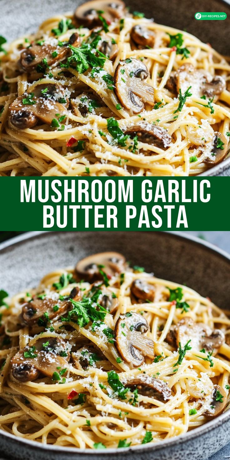 mushroom garlic butter pasta in a pan with parsley