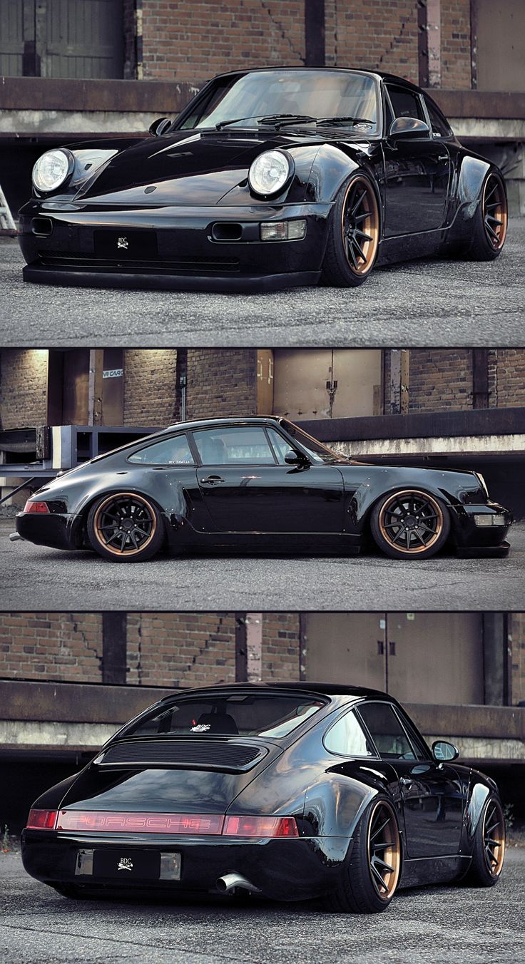 three different views of a black sports car