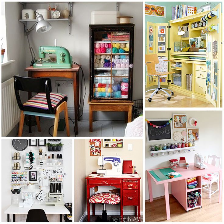 small sewing spaces with lots of crafting supplies in them and text overlay that reads, 15 small sewing spaces that inspire