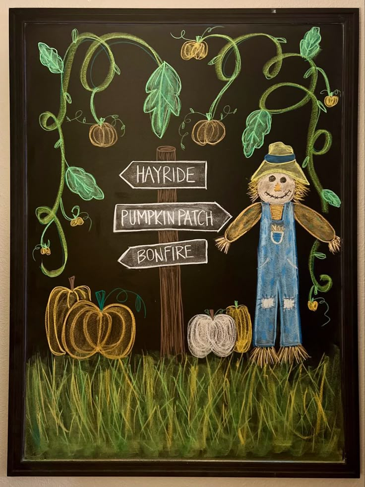 a chalkboard drawing of a scarecrow and pumpkins