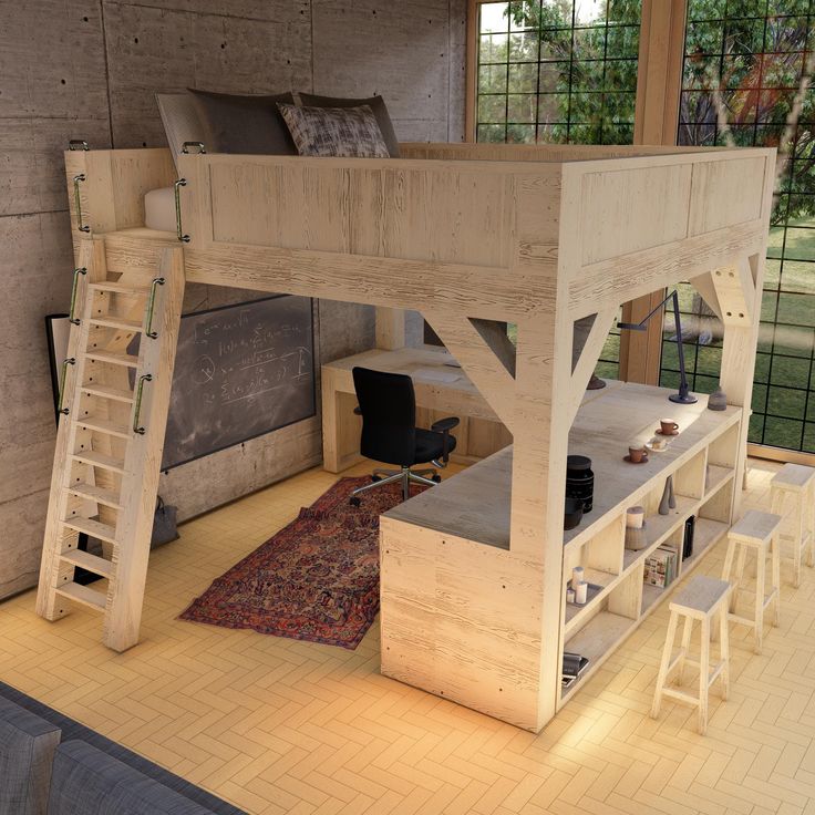 the loft bed is made from wood and has stairs leading up to it