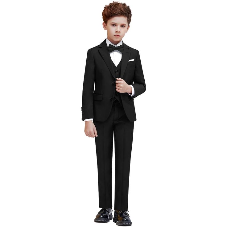 PRICES MAY VARY. (This is boy slim fit suit) if you need a boys REGULAR suit or boy Husky suit, please select your interested color and fit in the color selection area above. (Boys suit 7 pcs set) Jacket, trousers, vest, white shirt, suspenders, tie and bow tie. Spend less money to meet all your boys needs for all occasions. suits for boys are suitable from 2-16 years. (Boys suits size 16) Adjustable waist was designed on trousers waist and vest back. kids can wear it even they grow up. You can Ring Bearer Black Suit, Ring Bearer Tuxedo Black, Toddler Suits Boy Weddings Black, Kids Suits Boys Semi Formal Wear, Toddler Tuxedo, Wedding Outfit For Boys, Christmas Suit, Bearer Outfit, Slim Suit