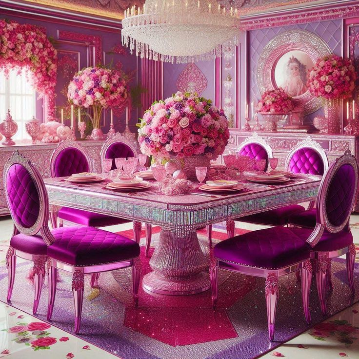 a fancy dining room with purple chairs and pink flowers on the table in front of a chandelier