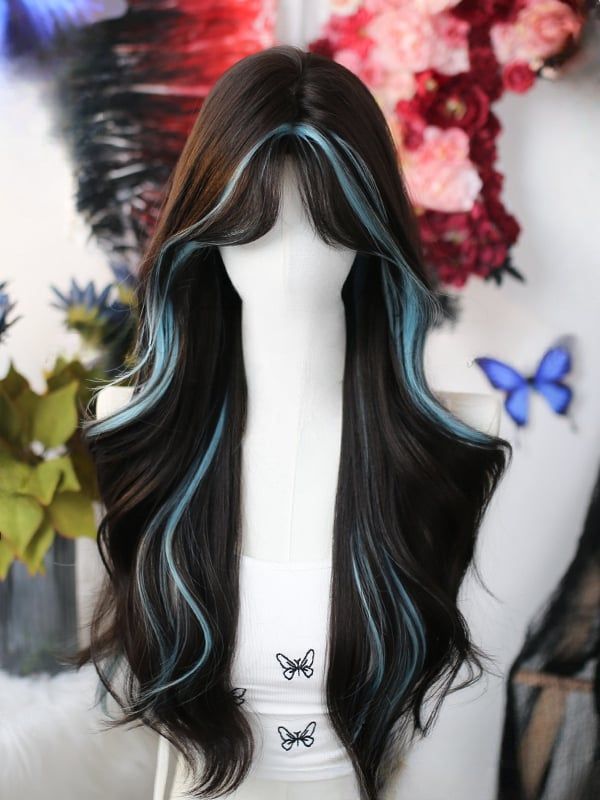 Step into a world of enchantment with our Dark Brown and Blue Highlight Long Wavy Synthetic Wig. This stunning wig features a rich dark brown base seamlessly interwoven with striking blue highlights, creating a mesmerizing contrast that is both bold and sophisticated. The long, wavy locks cascade beautifully, adding volume and dimension to your look.  Garment Size   	 		 			Size 			Free Size 		 		 			Hair Length 			65 Wig Colors For Blue Eyes, Wigs For Long Hair, Dramatic High And Low Lights, Oil Slick Wig, Sheinv.com Wigs, Long Voluminous Wavy Hair, Wigs For Fancy Dresa, Hair Hoals, Brown Blonde And Blue Hair