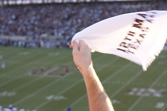 a man holding up a white flag at a football game