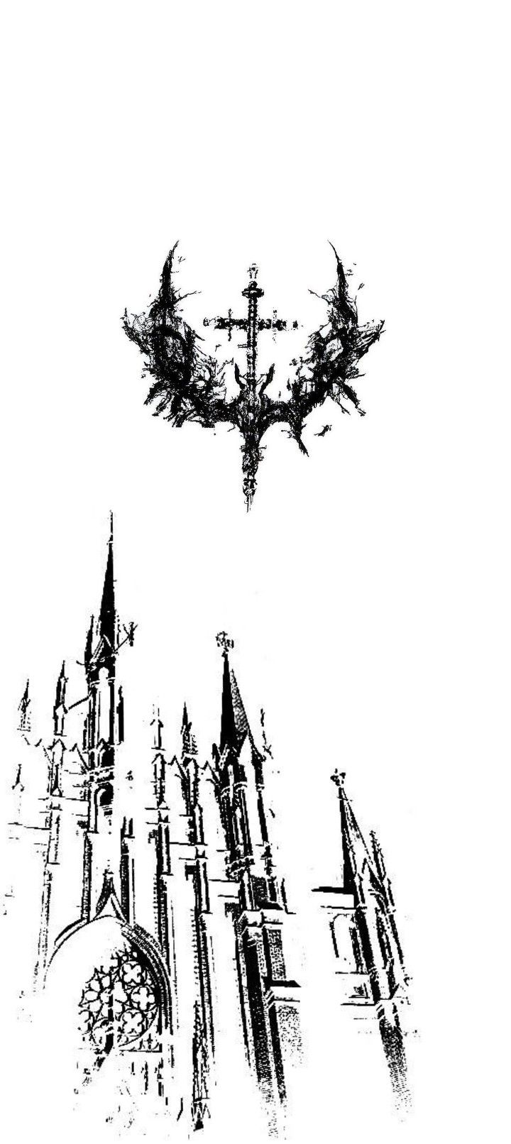 an ink drawing of a gothic church with bats flying over the steeples and spires