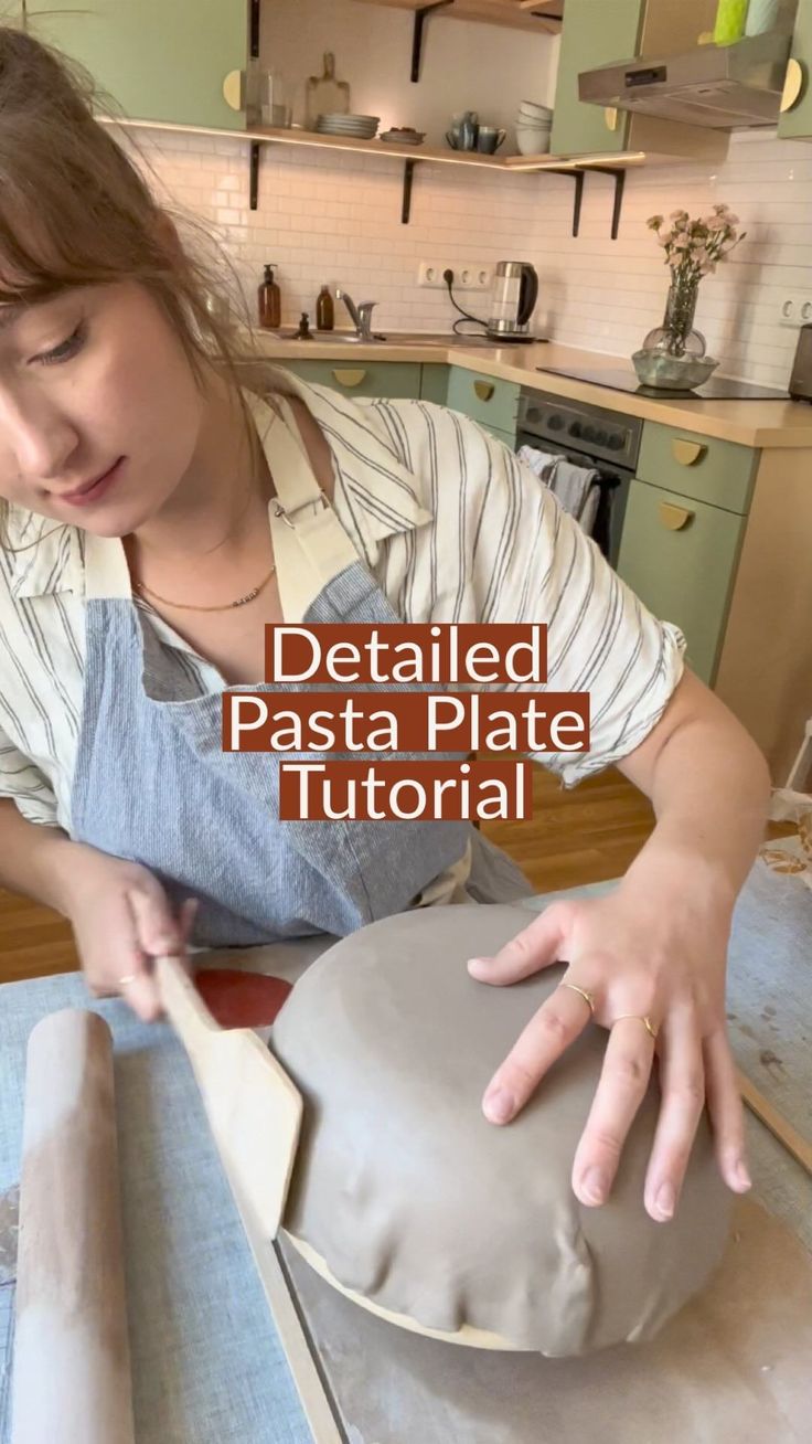 a woman is making a pizza dough with her hands on the table and text overlay reads detailed pasta plate tutor