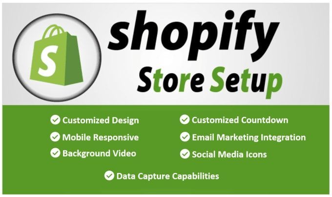 the shopify store setup is displayed in green and white with an image of a shopping bag