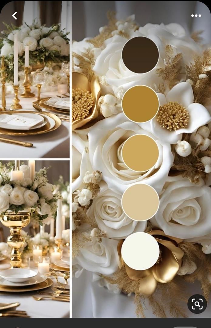 the table is set with gold and white flowers