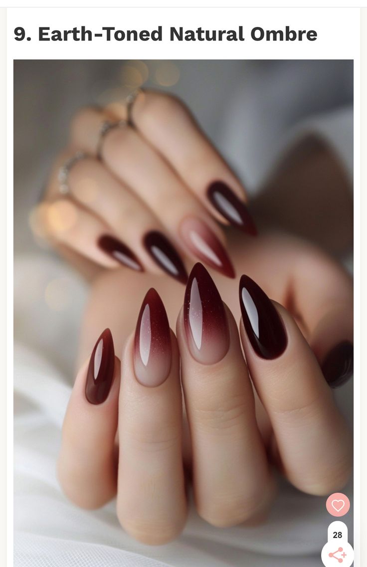 Classy Nails Ombre Simple, Trendy Metallic Nails, Transparent Nails Ideas, Maroon Black Ombre Nails, Smokey Tip Nails, Boho Nails Almond Shape, Maroon Ombre Acrylic Nails, Fall Modern Nails, Ambre Nails For Fall