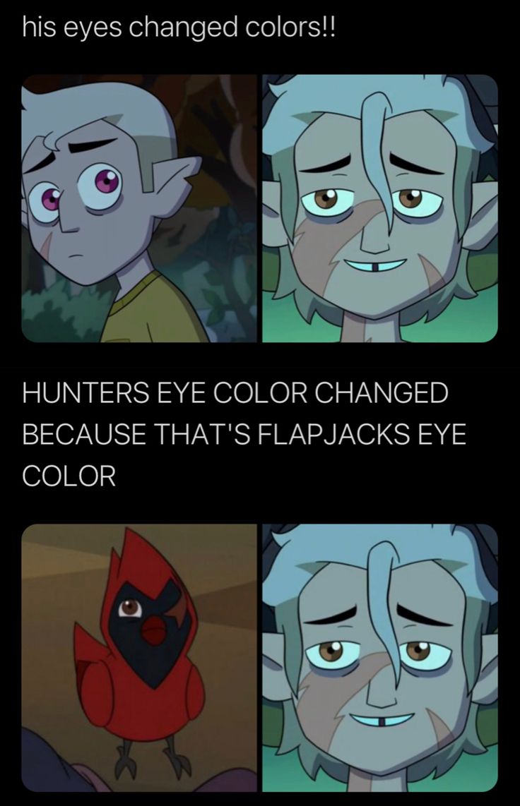 an image of some cartoon characters with different eyes and hair colors, one has the same color