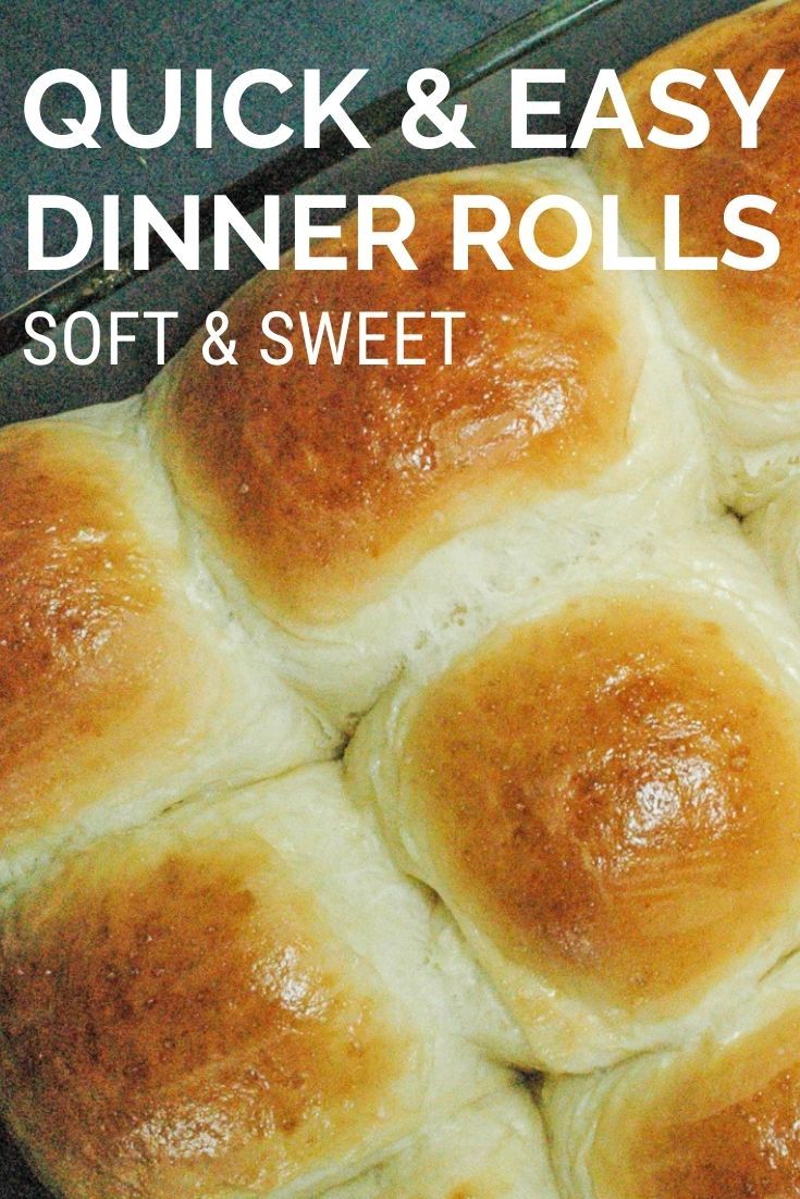 a pan filled with rolls sitting on top of a counter next to the words quick and easy dinner rolls soft & sweet