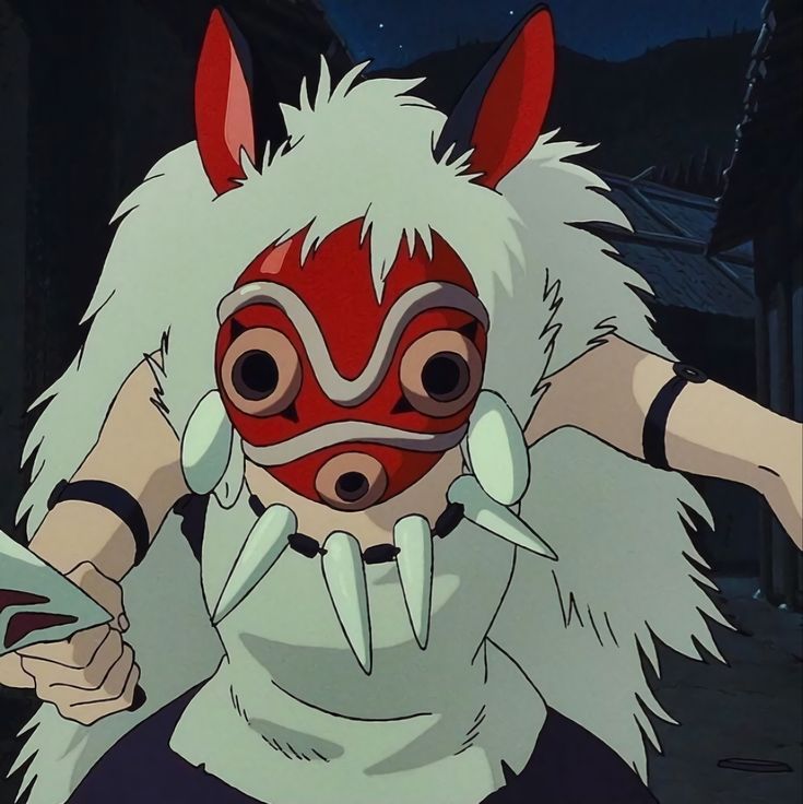 an anime character with white hair and red eyes wearing a demon mask while holding two knives