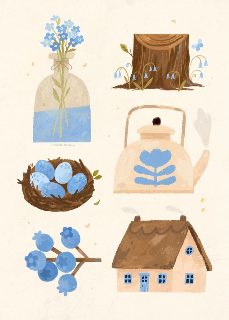 an illustration of blue flowers and other things