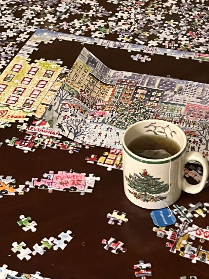 Peppermint tea Christmas tree mug tea bag puzzle Anthropologie Christmas Winter Inside Aesthetic, Christmas Puzzle Aesthetic, Winter Activity Aesthetic, Christmas At Home Activities, Peppermint Aesthetic, Cozy Aesthetic Christmas, Winter Mood Board, Puzzle Aesthetic, Romanticizing Winter