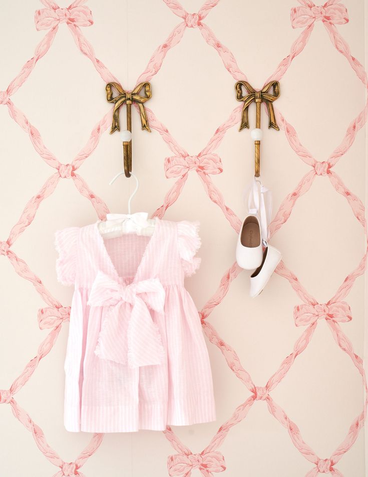 two pairs of shoes hang on the wall next to a pink dress and shoe rack