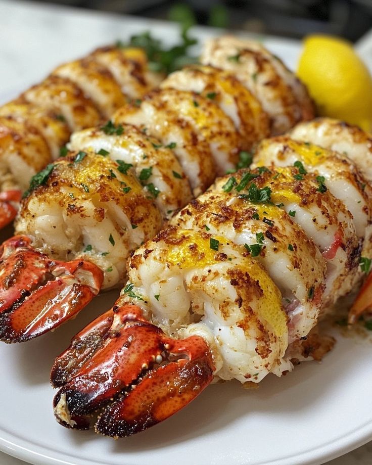 grilled lobsters on a white plate with lemon wedges