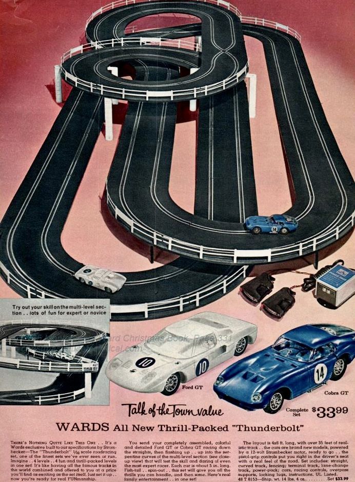 an advertisement for the new model cars and trucks from the 1950's, featuring two racing