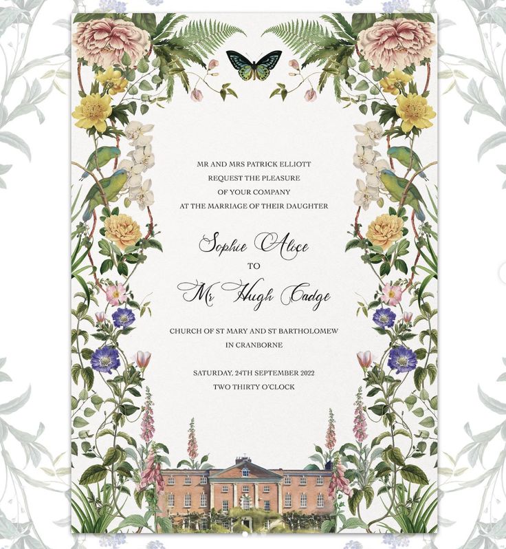 a wedding card with flowers and butterflies on the front, surrounded by leaves and foliage