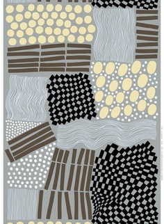 an abstract painting with circles and dots on grey, yellow and black colors is featured in this image