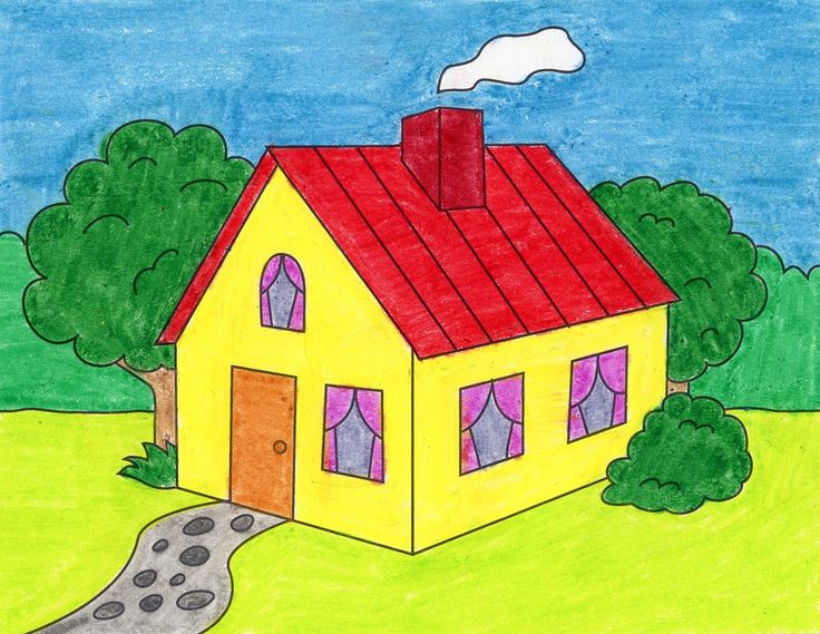 a child's drawing of a yellow house with a red roof and two windows