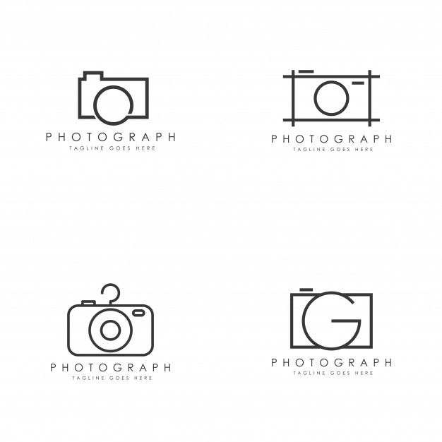 four different logos for photography, including one with a camera and the other with a lens