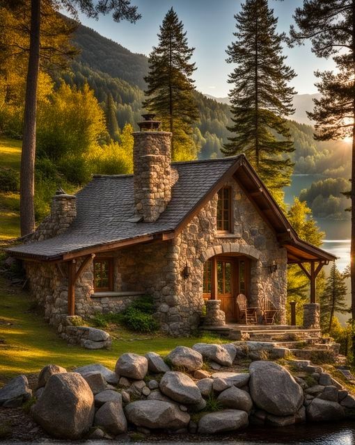 a small stone house sitting on top of a lush green hillside next to a lake