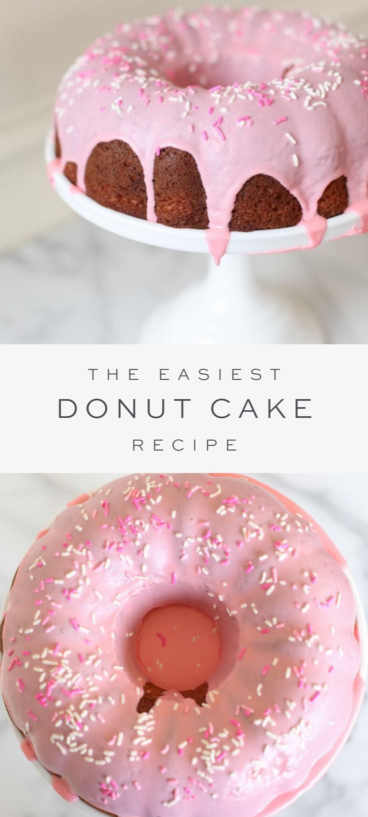 two cakes with pink frosting and sprinkles on them, one has a bundt cake in the middle