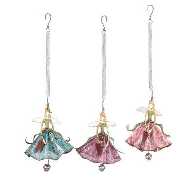 three tinker bell ornaments hanging from chains on a white background, one is pink and the other is blue