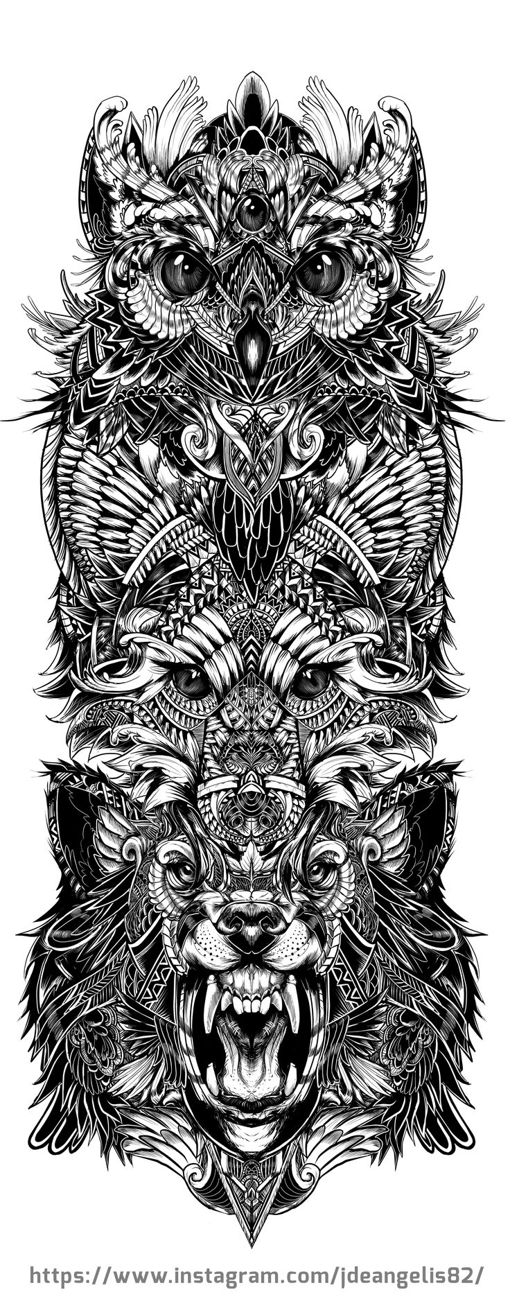 an intricate black and white drawing of a wolf's head