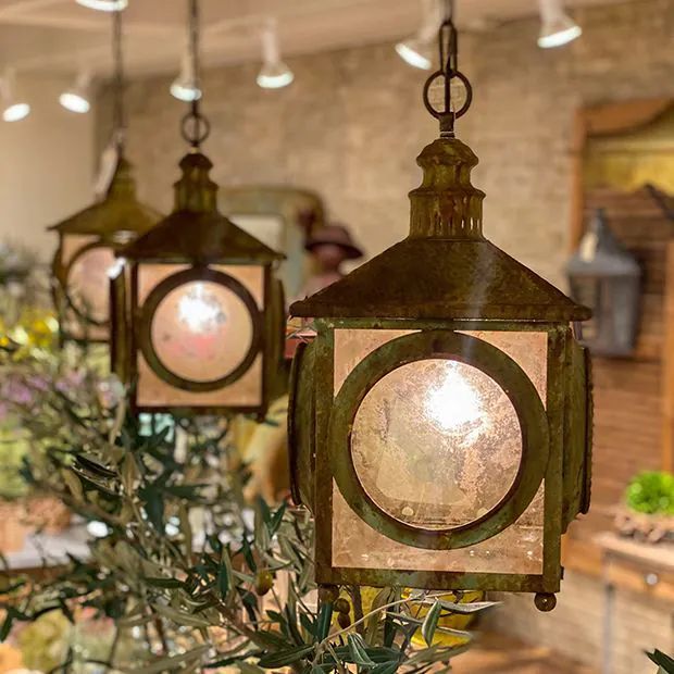 three lights hanging from the ceiling in a room filled with plants and other things on display