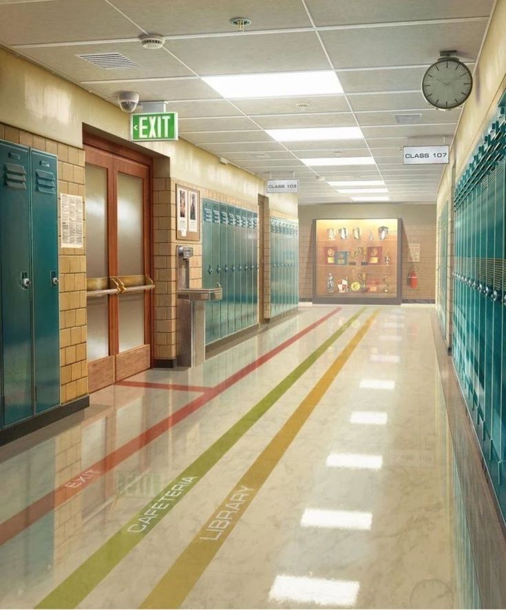 an empty hallway with several lockers and a clock on the wall