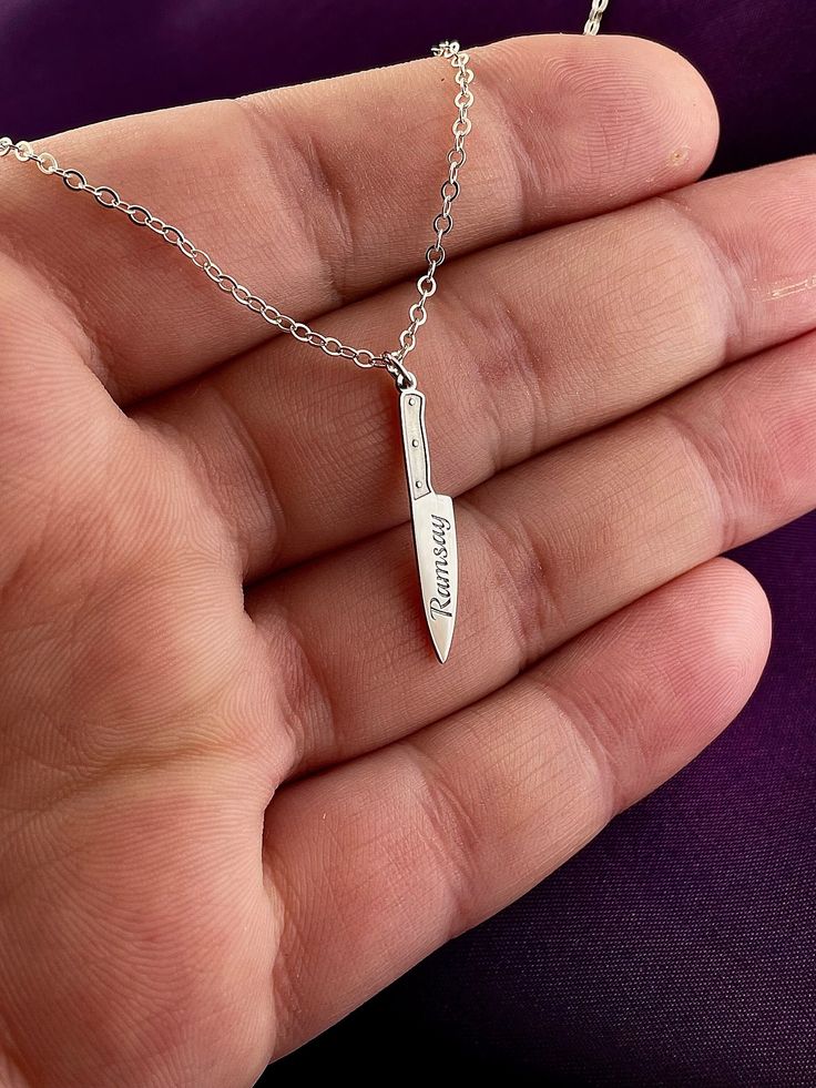 "Personalized Chef Knife Necklace, 925 Sterling Silver Knife Necklace, Personalized Gifts, Gifts For Chef, Custom Chef Knife Necklace, Gifts This necklace is the most beautiful and special gift you will get to make your girlfriend, wife, mother, sister, and yourself happy.   I want you to choose the color and length of the necklace that I will make out of silver for you and your loved ones to buy as gifts. Then you can place your orders by typing the number you want to personalize.      DETAILS MATERIAL: 925 Sterling Silver COLOR: Silver, Gold, Rose Gold Chain Type: Cable, Rolo, Curb, Figaro, Box LENGTH: 12\"- 14\"- 16\"- 18\"- 20\" - 22'' - 24''   Please carefully choose the necklace's color and chain size from the options menu. Don't forget to fill out the note for your personalized prod Chef Necklace, Scream Costume, Silver Knife, Knife Necklace, Chef Gifts, Rose Gold Chain, Name Necklaces, Chef Knife, Necklace Personalized